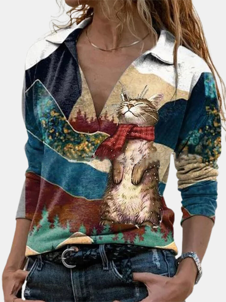 Cat Print Patchwork Long Sleeve Casual Blouse For Women