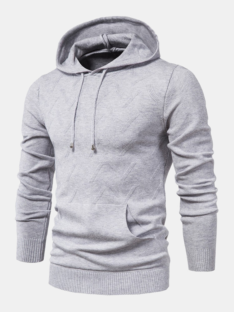 Mens Rib Knit Pure Color Plain Drawstring Hoodies With Pouch Pocket