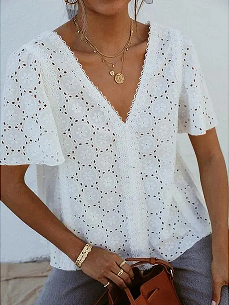 Women Lace Hollow Short Sleeve V-neck Solid Blouse