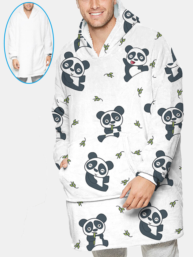 Cute Panda Printed Loose Flannel Casual Outfits Tops Oversized Two-Sided Blanket Hoodies For Men
