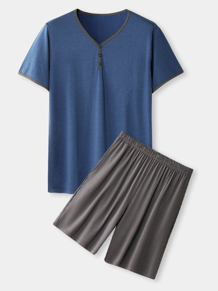 

Mens Modal Two Tone Short Sleeve Button T-Shirt & Drawstring Shorts Home Pajama Sets, Blue;grey;dark blue