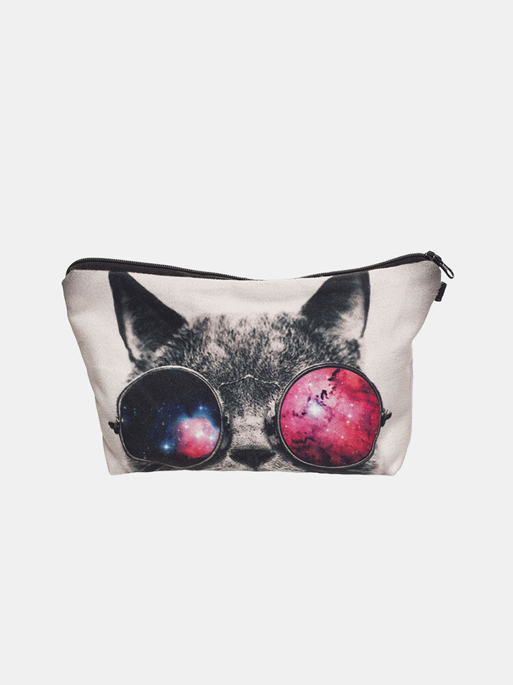 Portable Cat Wearing Starry Sky Glasses Printed Makeup Bag Travel Storage Bag