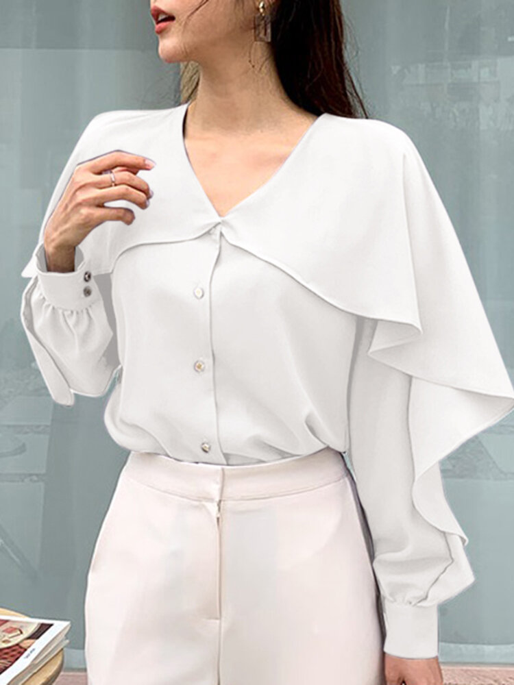 Ruffle Solid Long Sleeve V-neck Button Front Blouse