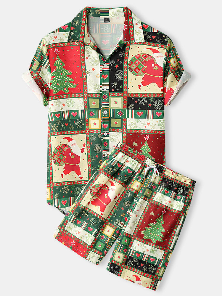 Mens Christmas Santa Claus Colorblock Print Lapel Short Two Pieces Outfits