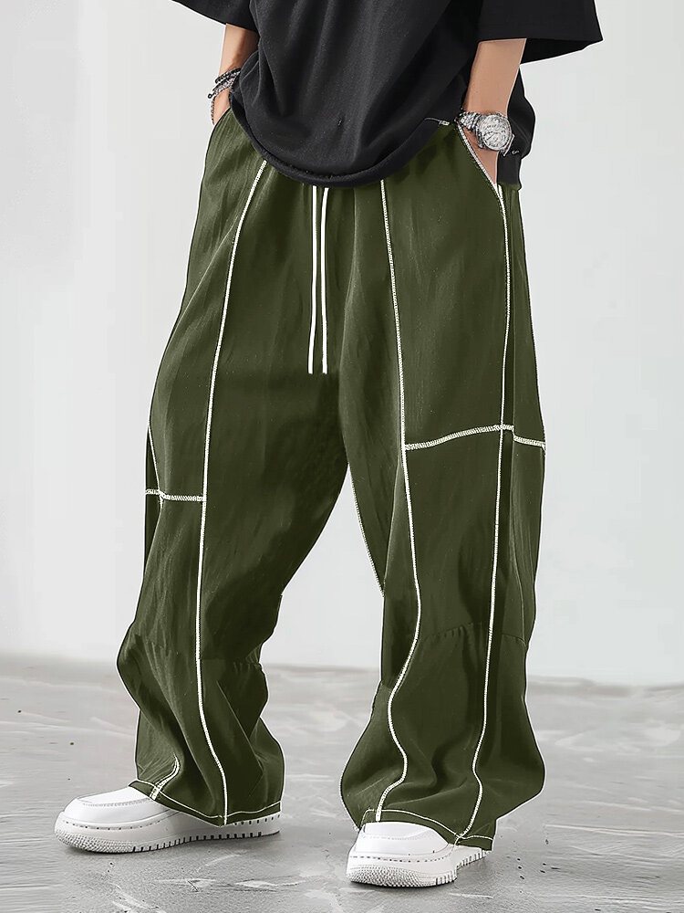

Mens Contrast Topstitching Design Loose Drawstring Waist Cargo Pants, Army green