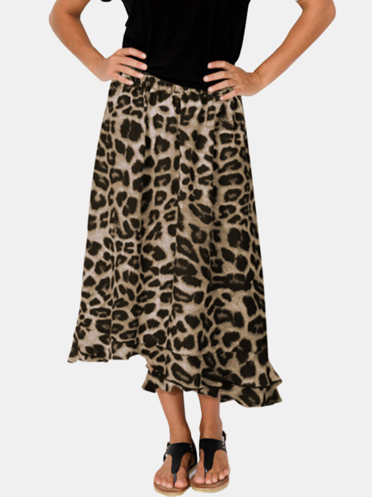 Leopard Print Elastic Waist Loose Plus Size Skirt