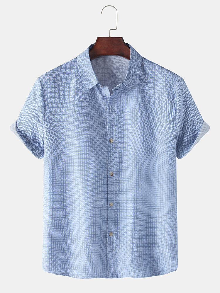 Mens Plaid Print Casual Breathable Turn Down Collar Short Sleeve Shirts