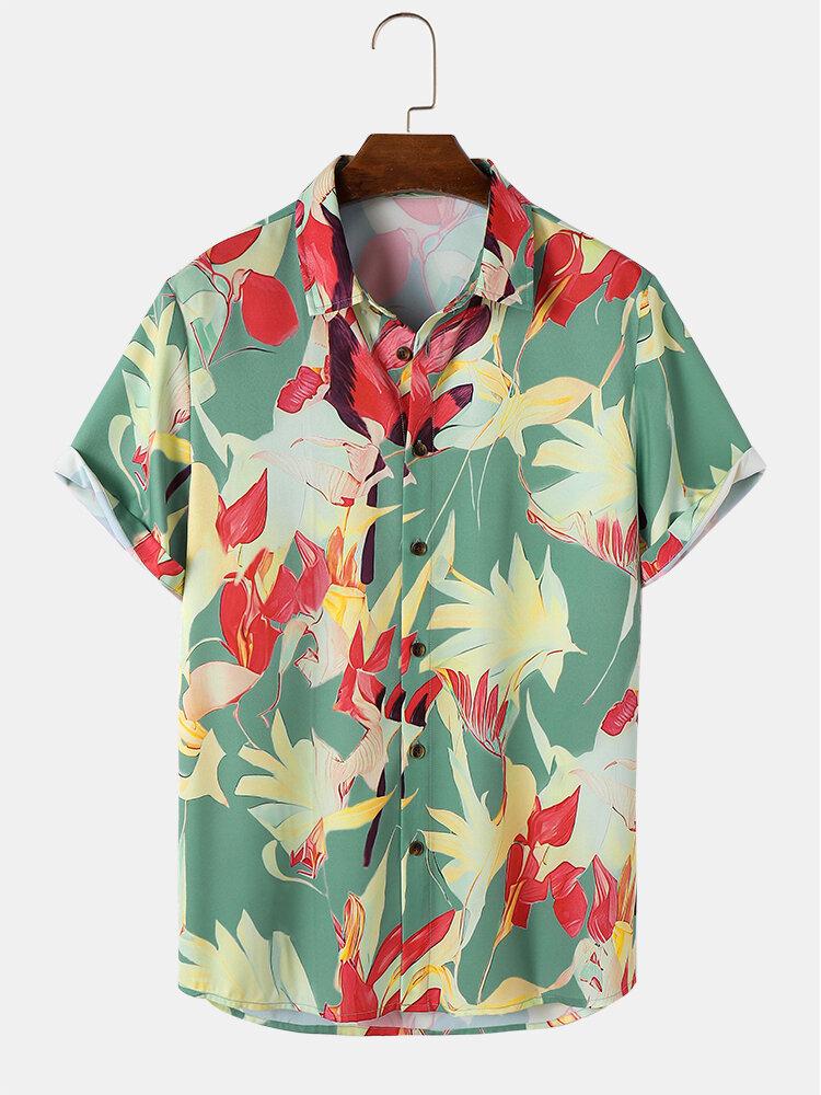 قمصان رجالي بأكمام قصيرة مطبوعة بطباعة نباتات استوائية في هاواي