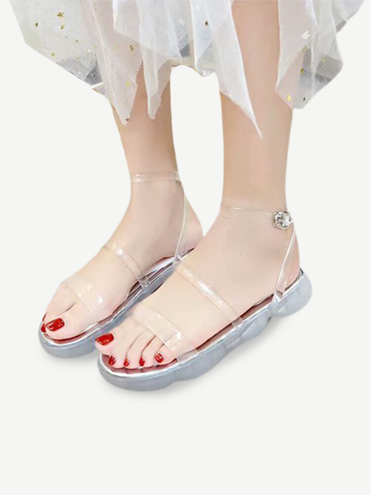 Jelly Transparent Soft Bottom Sandals Female Open Toe Word Buckle With Thick Bottom Soft Bottom Shoes Flat Street Shooting