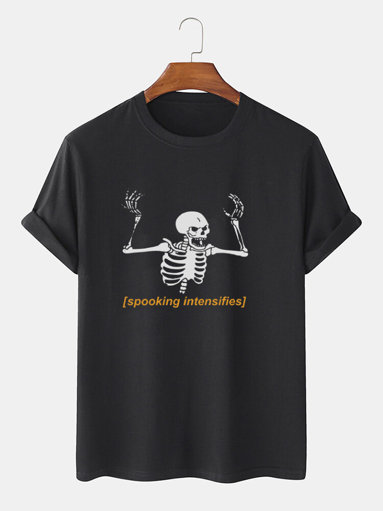 Mens 100% Cotton Halloween Skeleton Letter Print O-Neck Short Sleeve T-Shirts