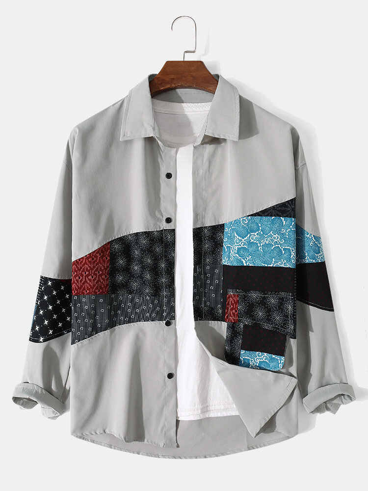 Mens Ethnic Style Floral Print Patchwork Lapel Long Sleeve Shirts