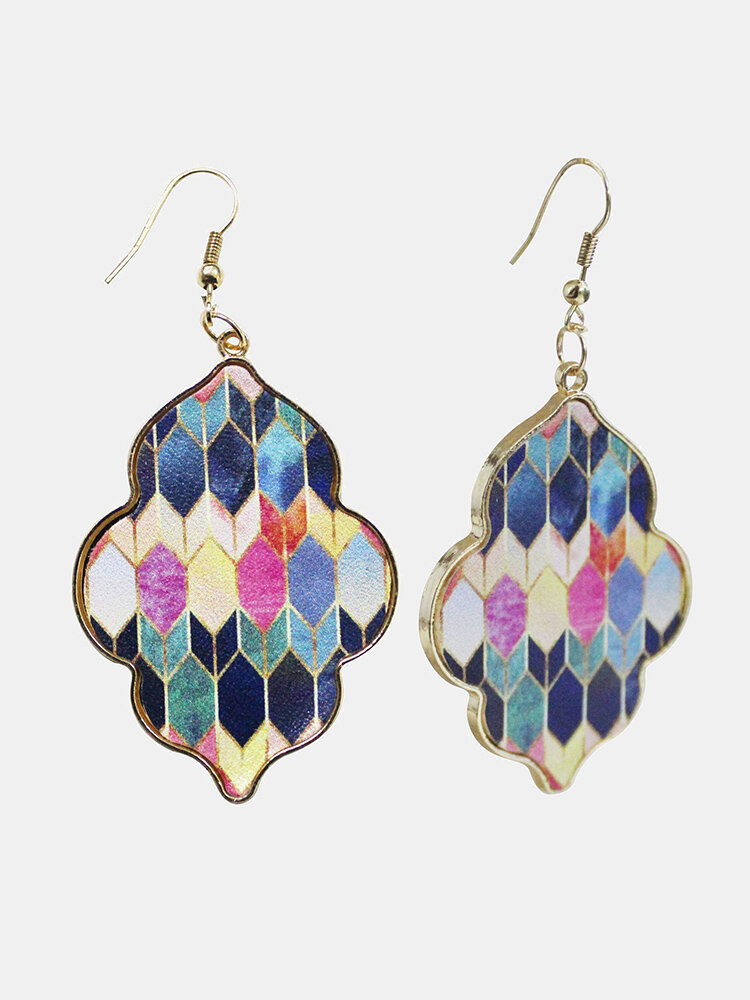Vintage Baroque Alloy PU Leather Geometric-shape Argyle Floral Printing Earrings