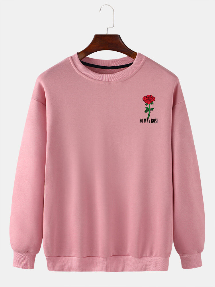 Mens Rose Pattern Solid Color Crew Neck Casual Pullover Sweatshirt