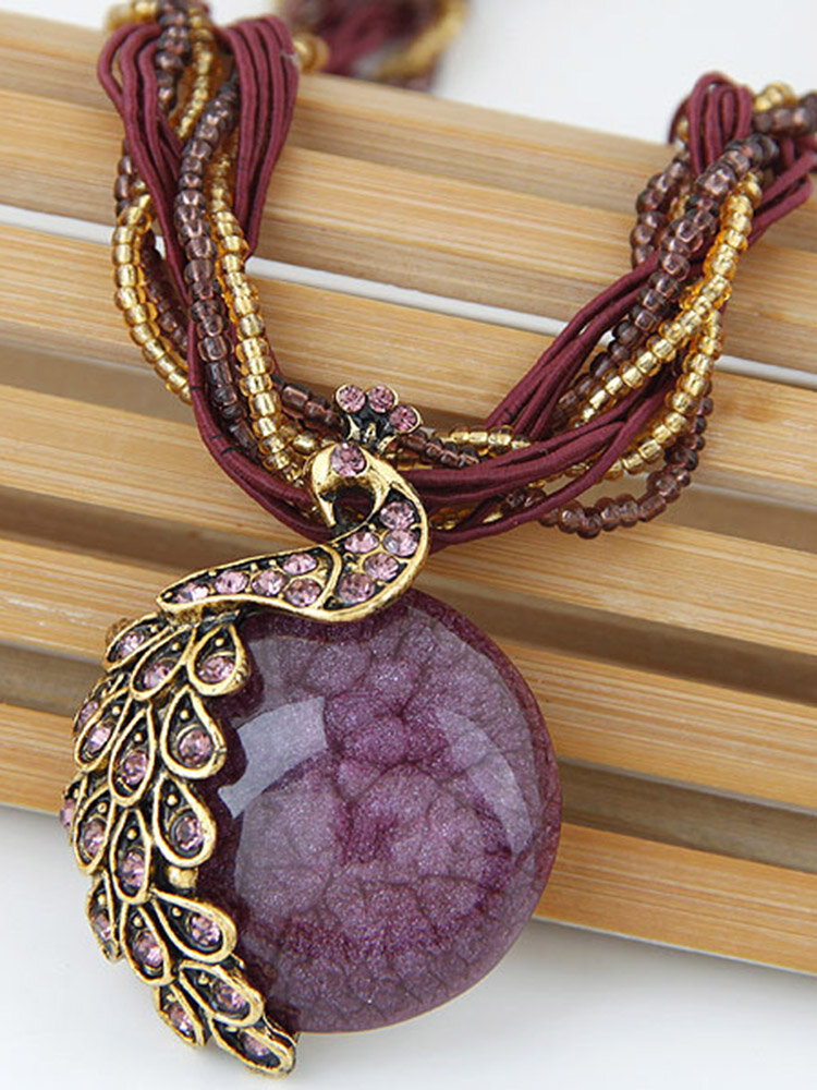 Bohemian Pendant Necklace Handmade Beaded Tessal Vein Gemstone Charm Ethnic Jewelry for Women
