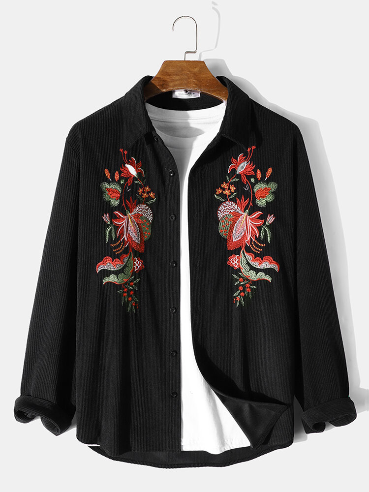 Mens Vintage Floral Embroidery Lapel Corduroy Long Sleeve Shirts