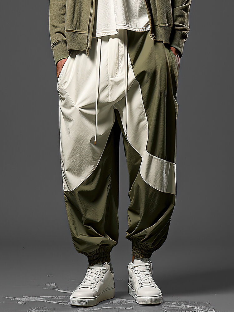 Pantalon à taille ample avec cordon de serrage pour homme, patchwork bicolore, décontracté, hiver