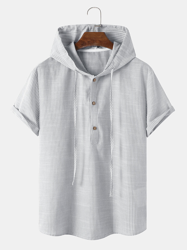 Mens Pinstripe Half Button Short Sleeve Cotton Drawstring Hooded T-Shirts
