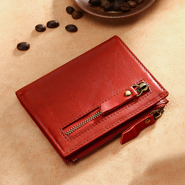 

RFID Men And Women Bifold Wallet Vinatge Oil Wax Genuine Leather 7 Card Slot Coin Purse, Red;coffee;brown
