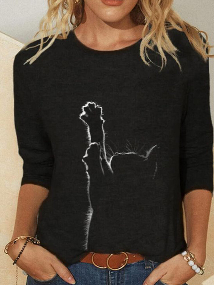 Women Cute Cat Graphic Crew Neck Long Sleeve T-Shirt