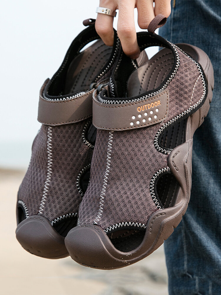 Men Mesh Fabric Non Slip Hook Loop Casual Beach Sandals