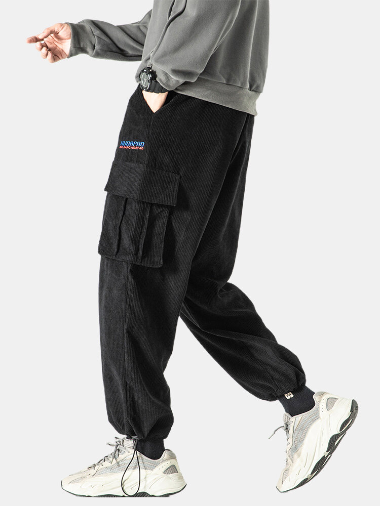 Mens Letter Embroidered Corduroy Casual Drawstring Cuff Cargo Pants