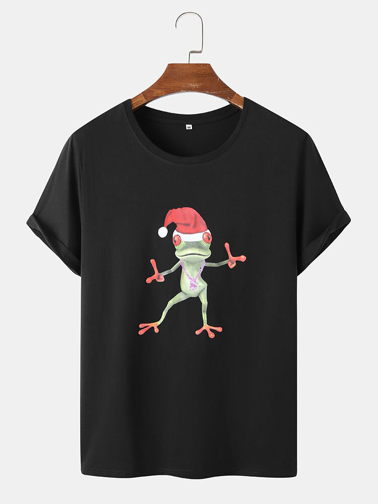 Mens Christmas Cartoon Frog Graphic 100% Cotton Short Sleeve T-Shirts