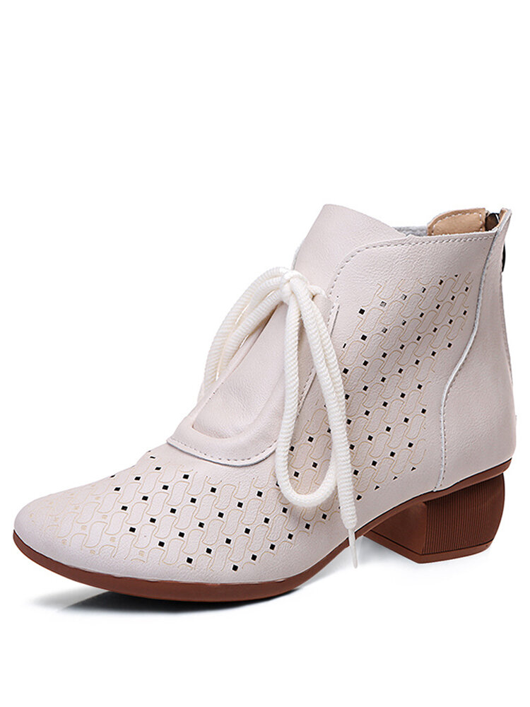 Women Retro Casual Back-zip Breathable Hollow Soft Comfy Heeled Boots