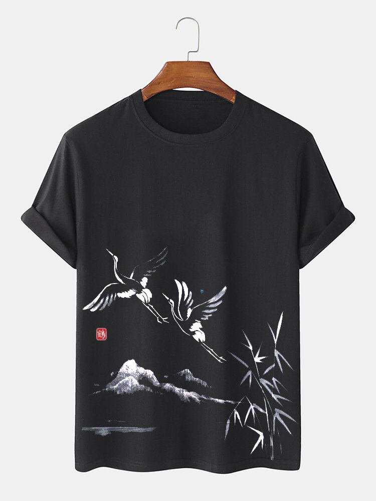 Mens Chinese Crane Landscape Ink Painting Print Short Sleeve T-Shirts Winter