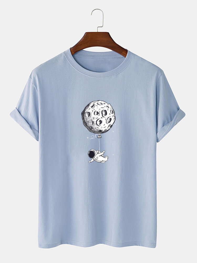 Mens 100% Cotton Moon & Astronaut Print Loose Thin O-Neck T-Shirts