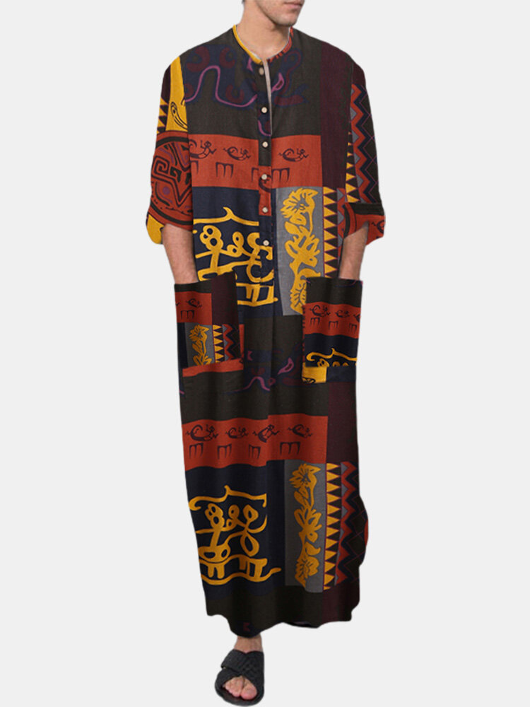 Plus Size Mens Ethnic Pattern Double Pocket Casual Long Sleeve Kaftan Robe