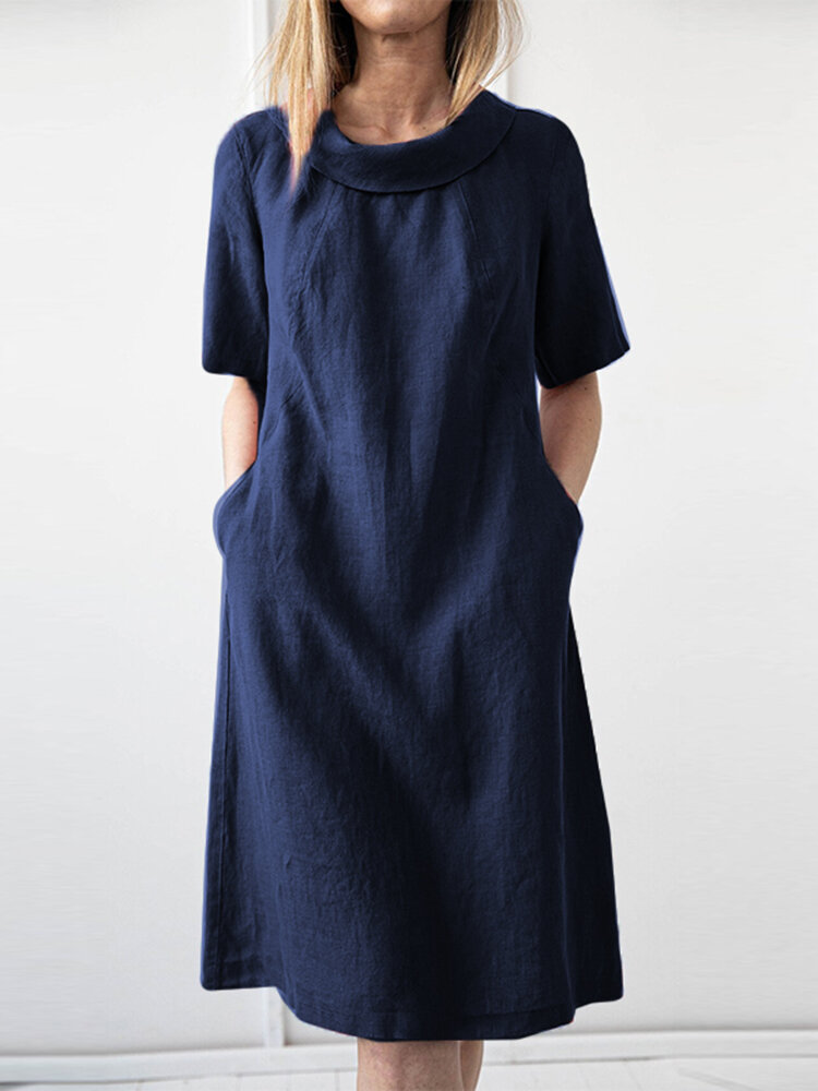 ZANZEA Solid Short Sleeve Pocket Lapel Dress For Women Online - NewChic
