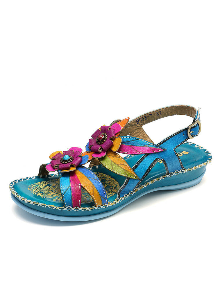 SOCOFY Genuine Leather Splicing Hand Painted Retro Floral Stitching Soft Buckle Strap Sandals