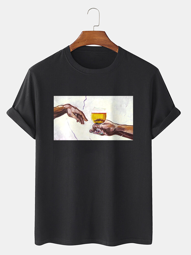 Mens Beer Figure Hand Graphic Cotton Short Sleeve T-Shirts