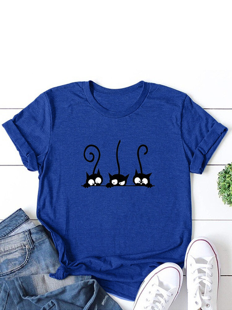 Cartoon Cat Printed O-Neck Short Sleeve T-shirt