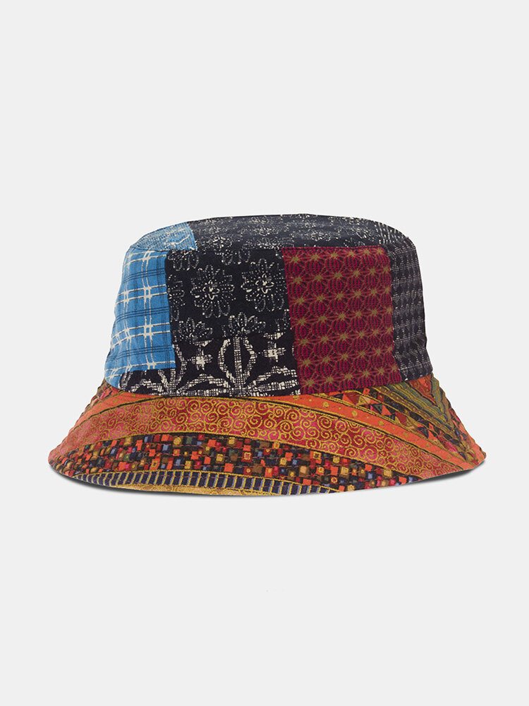 Women Cotton Double-sided Wearable Ethnic Cashew Flower Print Patchwork Casual Sunshade Bucket Hat