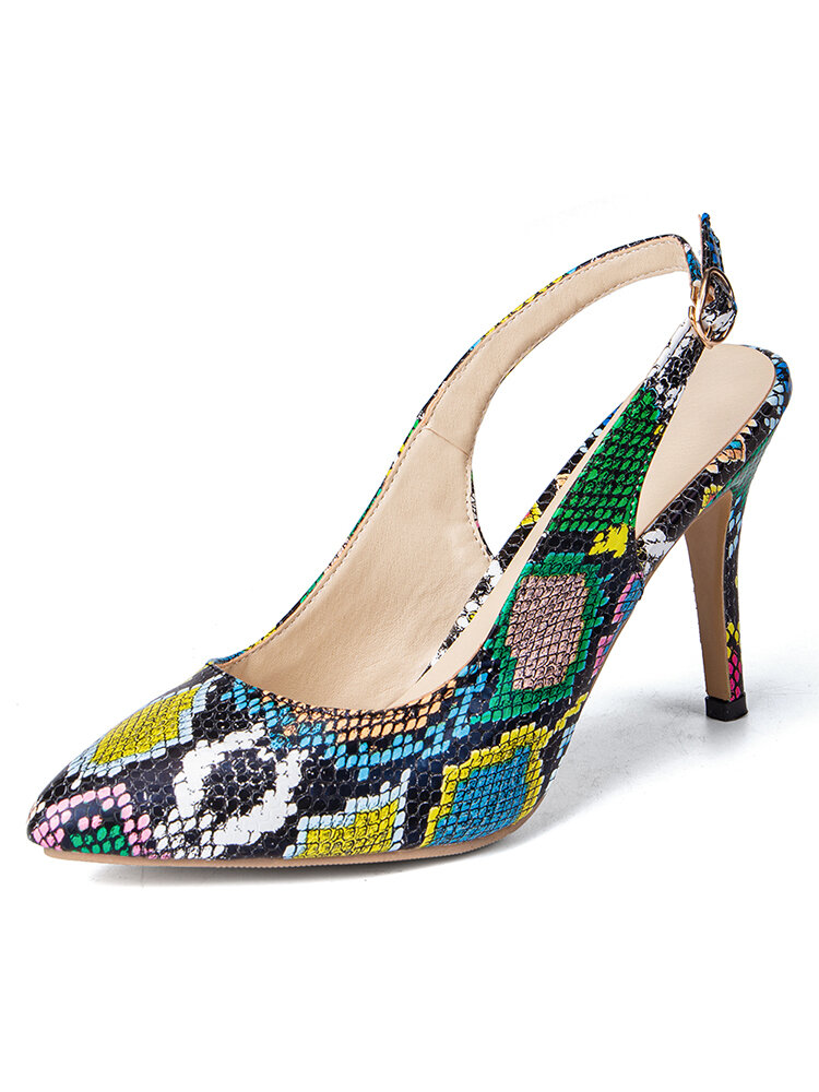 Women Party Pointed Toe Colorful Serpentine Slingback Buckle Strap High Heel Pumps