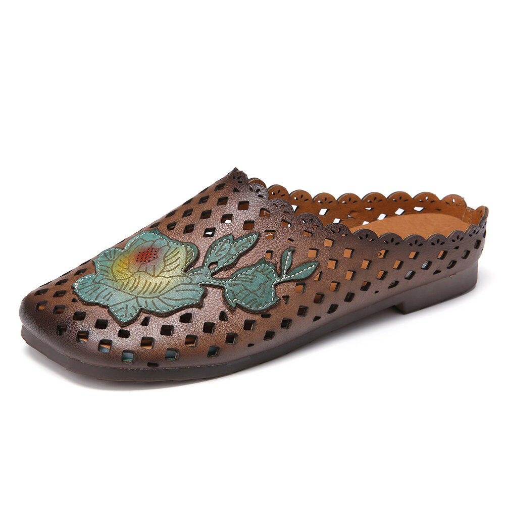 Retro Leather Floral Applique Cutouts Soft Flat Mules Slip-on Sandals