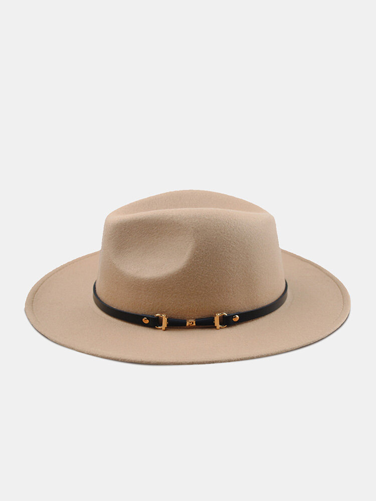 Correa unisex de fieltro de lana de color sólido con decoración de ala plana grande Sombrero Fedora Sombrero