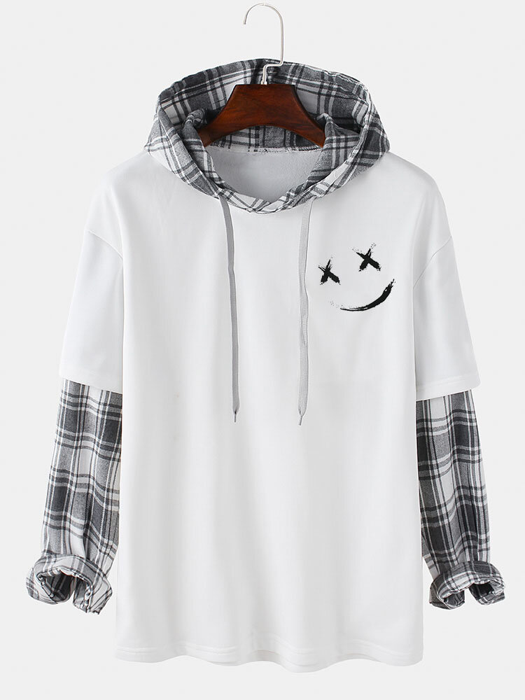 Mens Smile Face Print Plaid Patchwork 2 In 1 Long Sleeve Hooded T-Shirts