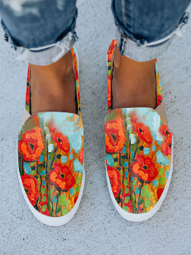 Casual Stylish Soft Round Toe Printing Calico Canvas Loafers Flats For Women