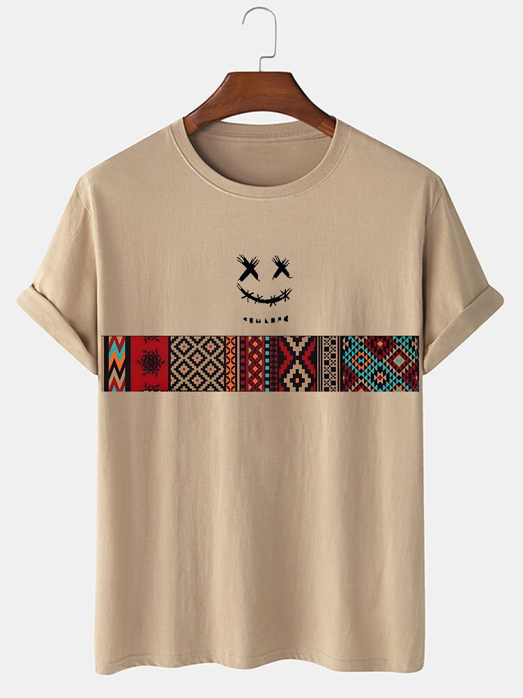 

Mens Smile Face Argyle Print Crew Neck Short Sleeve T-Shirts Winter, White;khaki