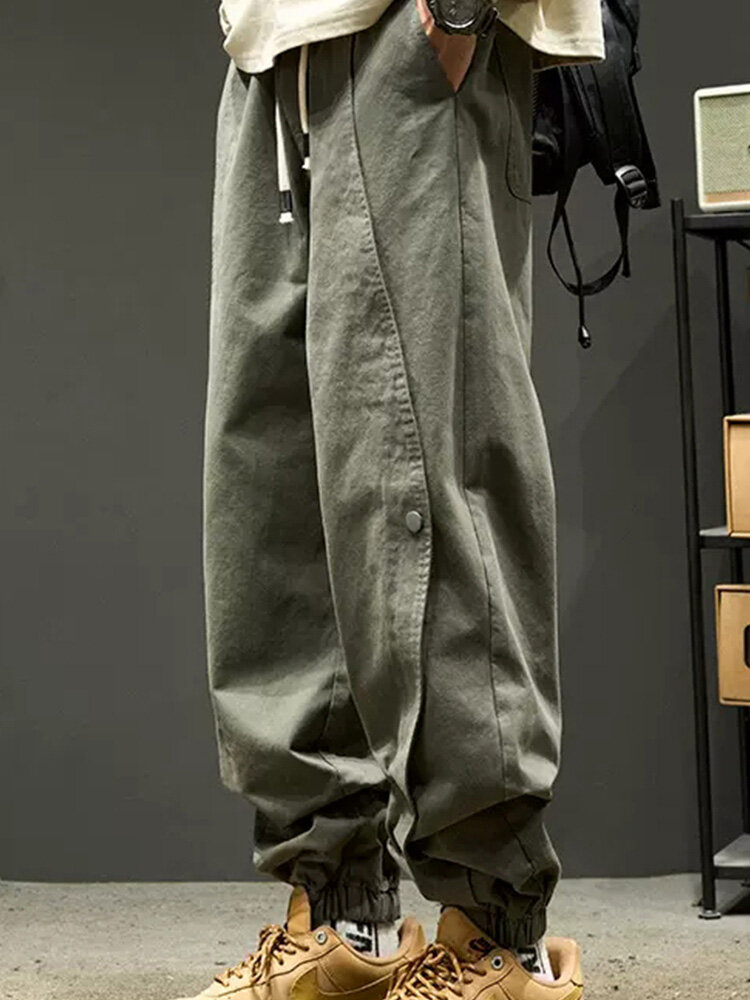 

Mens Solid Button Design Elastic Cuff Casual Drawstring Waist Pants, Army green