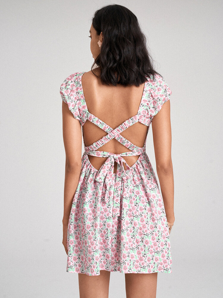 Shirred Criss-cross Open Back Tie Floral Print Pocket Dress