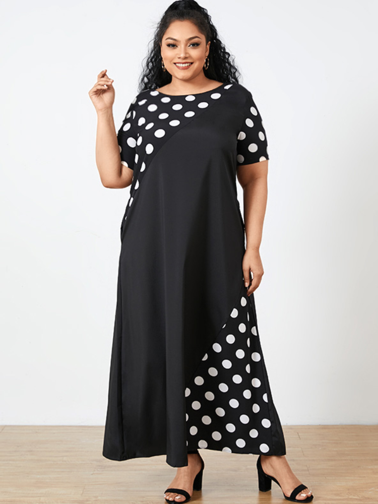 Polka Dot Patchwork Short Sleeve A-line Plus Size Dress