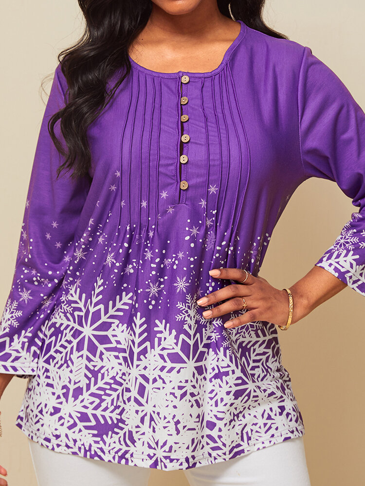 Printed Pleated O-neck Button Long Sleeve Blouse