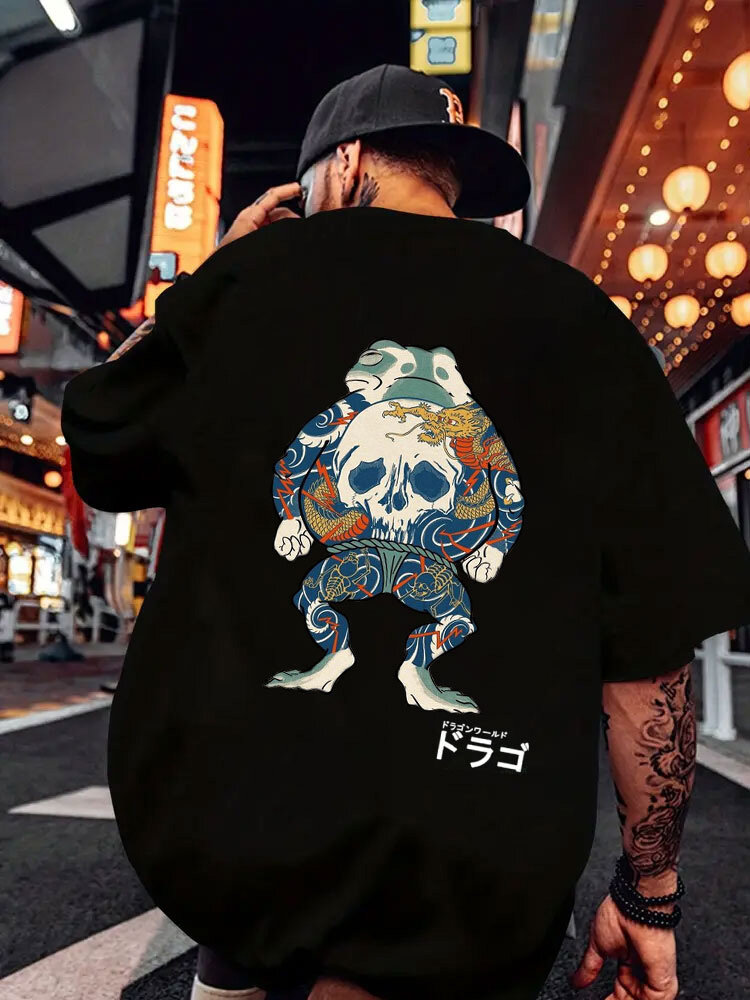 T-shirt a maniche corte da uomo con stampa sul retro della rana giapponese Collo