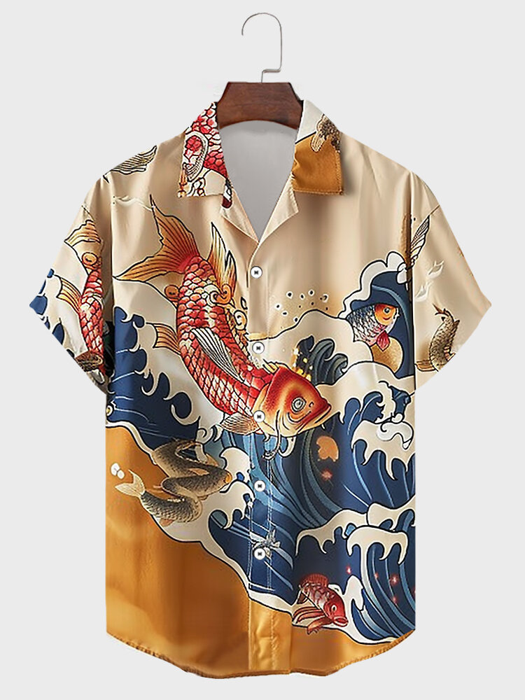 

Mens Japanese Style Wave Carp Print Revere Collar Short Sleeve Shirts, Apricot