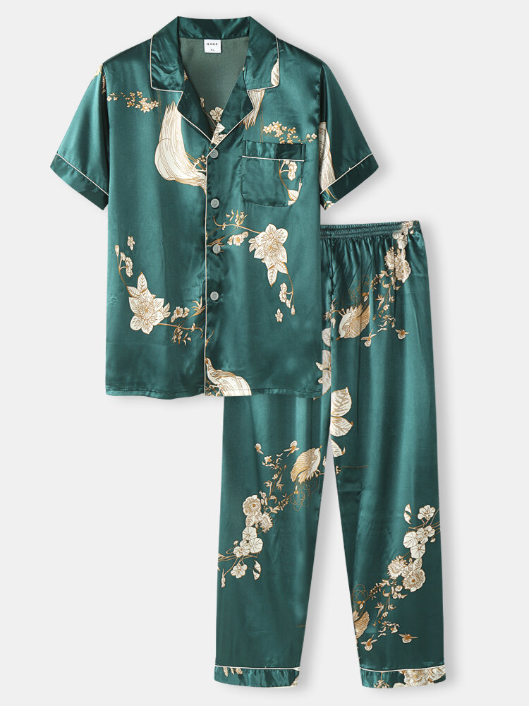 Mens Flower Pattern Faux Silk Revere Collar Home Pajama Sets