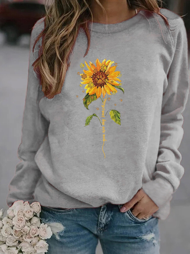 Flower Print Long Sleeve O-neck Casual Sweatshirt For Women
