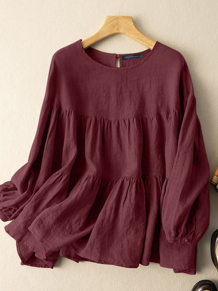 Damen-Bluse mit Rundhalsausschnitt und langen Ärmeln aus Baumwolle mit einfarbigem, abgestuftem Design